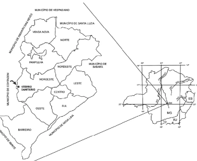 Figura 15 – Mapa do município de Belo Horizonte com a localização do Aterro Sanitário da Prefeitura Municipal  de Belo Horizonte - MG 