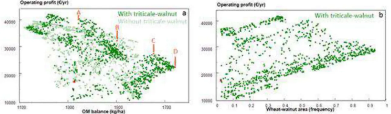 Figure 3: Outcomes of the exploration of the arable farmer with the triticale-walnut configuration  along  the  objectives  operating  profit,  OM  balance,  area  of  desired  cereals  and  triticale-walnut  area