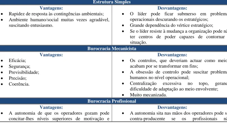 Tabela 4 - Algumas vantagens e desvantagens das configurações de Mintzberg 20