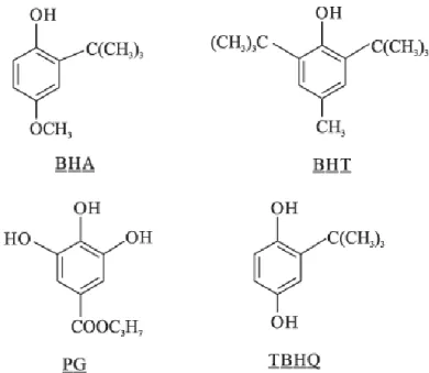 Figura 5 – Estrutura dos antioxidantes sintéticos, BHA, BHT, PG e TBHQ. 