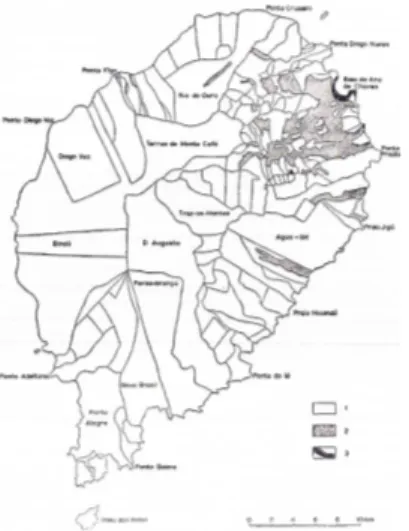 Figura 15 - Divisão de terras entre empresas agrícolas (a branco) e proprietários indígenas (a  cinza) [Tenreiro, 1961].