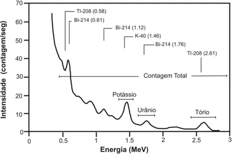Figura 4.4: Espectro típico da radiação gama, medido a 100m de altitude, ilustrando os fotopicos de  maior intensidade e as posições das janelas dos radioelementos K, U e Th e da contagem total (Minty, 