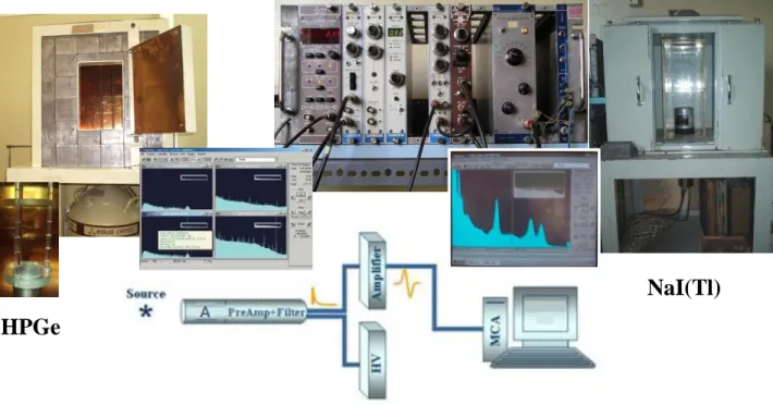 Figura 2.7. Sistemas de espectrometria gama. (a) Detector de cintilação: A. Tubo fotomultiplicador  com cristal NaI(Tl) – Harshaw integral line type 12S12/3E; PreAmp + Filter: LFEN; HV: Fonte de  alimentação  de  alta  tensão  (+840  V)  –  LFEN;  Amplifie