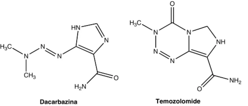 Figura  6  -  Representação  química  dos  agentes  anti-tumorais  triazenos,  Dacarbazina  (DTIC)  e  Temozolomide (TMZ) 