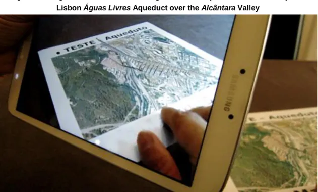 Figure 5. Using a built 3D model in an Augmented Reality environment. Example of  Lisbon Águas Livres Aqueduct over the Alcântara Valley 
