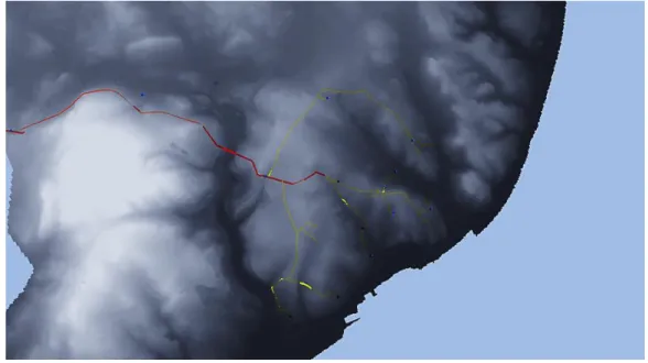 Figure 12. Detail of the 3D representation of the Lisbon Digital Terrain and the plan of the  Lisbon Águas Livres Aqueduct 