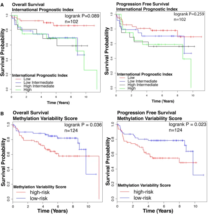 Figure 2. Survival outcomes in patient cohort. Kaplan-Meier curves for (left) OS and (right) PFS according to (A) IPI