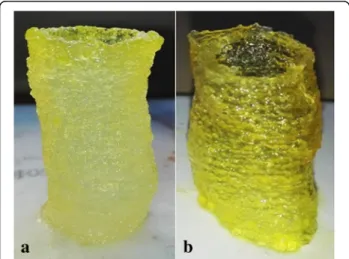 Fig. 8 Tracheal section 3D printed with simultaneous UV reticulation: a right after printing (height = 38.5 mm, width = 19.24 mm, thickness = 0.5 mm) and b after 72 h