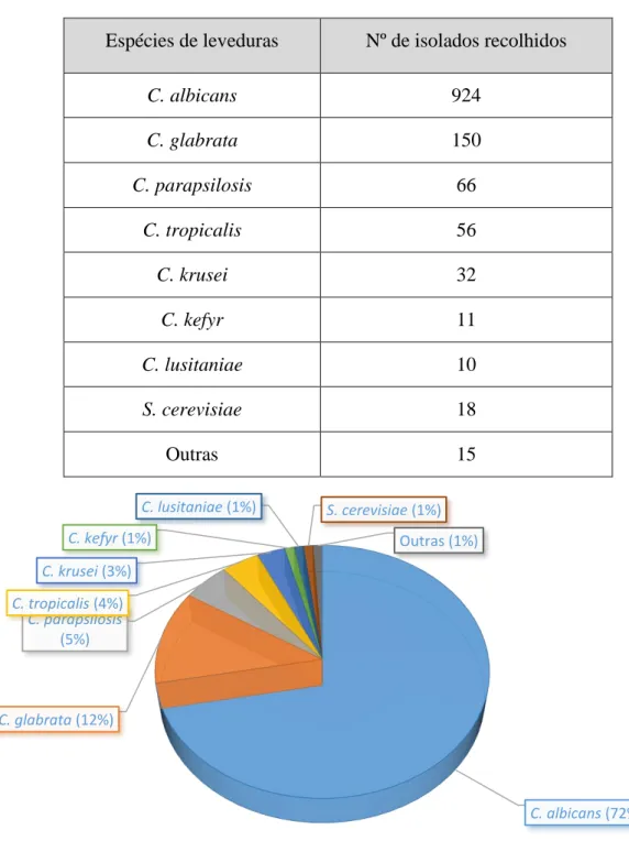 Tabela 1.2 Frequência das diferentes espécies no total de isolados recolhidos. 