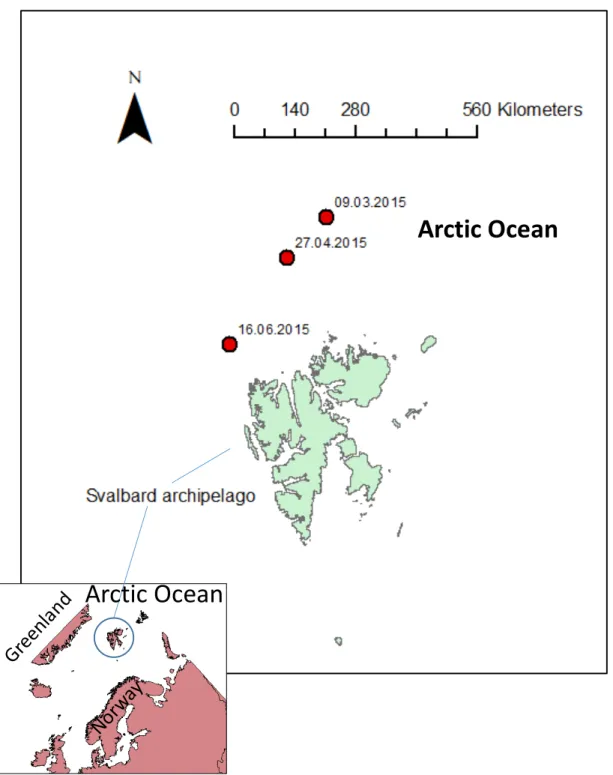 Figure 1 - Map highlighting the sampling sites (red dots) north of Svalbard. Samples collected during the  N-ICE2015 cruise from the surface (S), middle (M) and bottom (B) at Nansen Basin (NB, 09.03.2015),  Transition Region (TR, 27.04.2015) and Yermak Pla