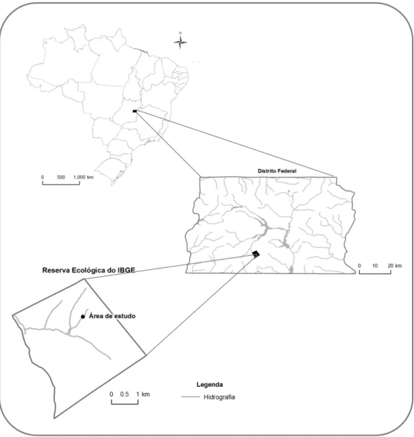 Figura 4 – Mapa hidrológico do Distrito Federal e da Reserva Ecológica do IBGE, onde  está inserido o córrego do Pitoco (15º55’52”S e 47º52’39.9”W)