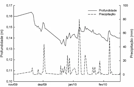 Figura  10  -  Variação  temporal  da  profundidade  da  água  do  córrego  do  Pitoco  e  da  precipitação  diária  na  Reserva  Ecológica  do  IBGE  durante  o  período  de  incubação  na  estação chuvosa (outubro de 2009 a fevereiro de 2010)