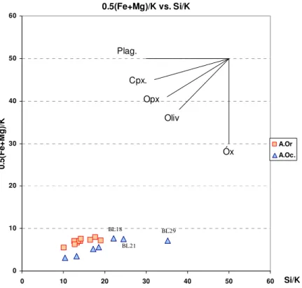 Fig.  6.1.1.2.  Projecção  das  amostras  no  diagrama  de  Pearce  0.5(Mg+Fe)/K  vs.  Si/  K