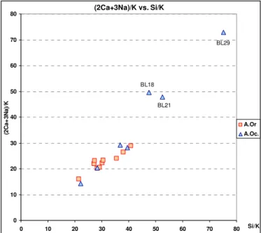 Fig. 6.1.1.3. Projecção das amostras no diagrama de Pearce (2Ca+3Na)/K vs. Si/K 