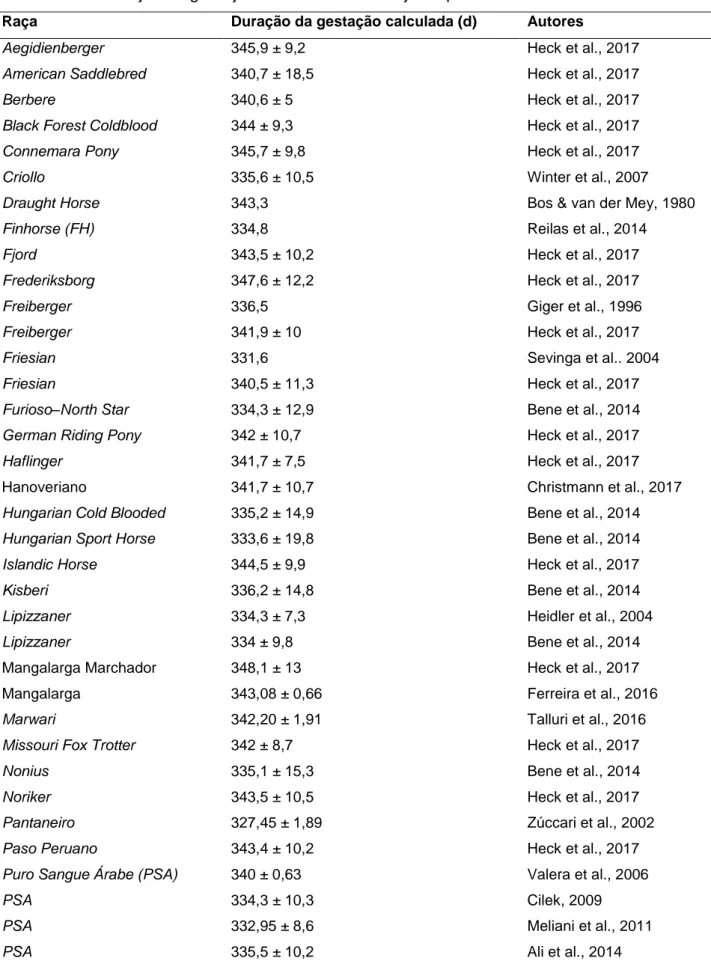 Tabela 2 – Duração da gestação média em várias raças equinas 