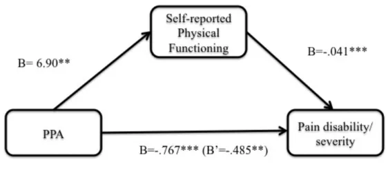 Figure 1 –The relationship between PPA and pain disability/severity, partially mediated by self- self-reported physical functioning 