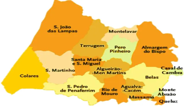 Figura 1: Freguesias do Município de Sintra. Fonte: https://geneall.net/pt/mapa/178/sintra/ 