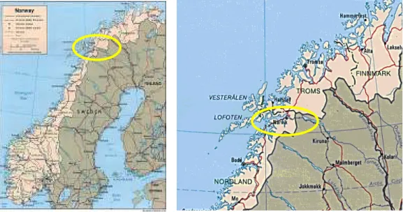 Figura 6 - Mapa político da Noruega e pormenor destacado da localização da cidade de Narvik  (Fonte: University of Texas Libraries, 2015) 