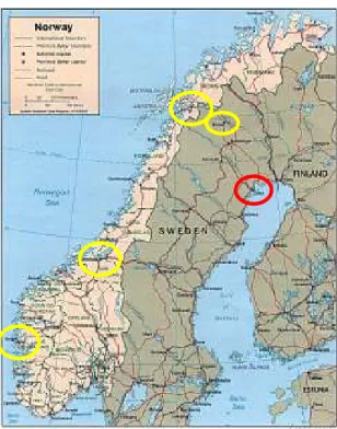 Figura 7 - Mapa político da Noruega e pormenor destacado da localização das cidades de Narvik, Trondheim e  Bergen, bem como de Kiruna e Luleå, na Suécia 