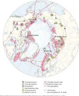 Figura 12 - Mapa da actividade industrial e das reservas de petróleo e de gás no Árctico em 2001  (Fonte: CAFFs Arctic Flora and Fauna, 2015) 