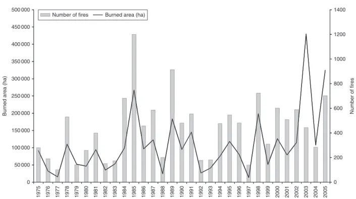 Fig. 2. Number of fires (grey) and burnt area (black) in mainland Portugal between 1975 and 2005.
