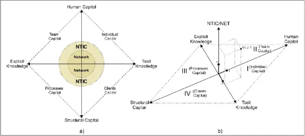 Figure 1. Intellectual Capital Model (ICM) [2]: (a) 2D Model View; (b) 3D Model View. 