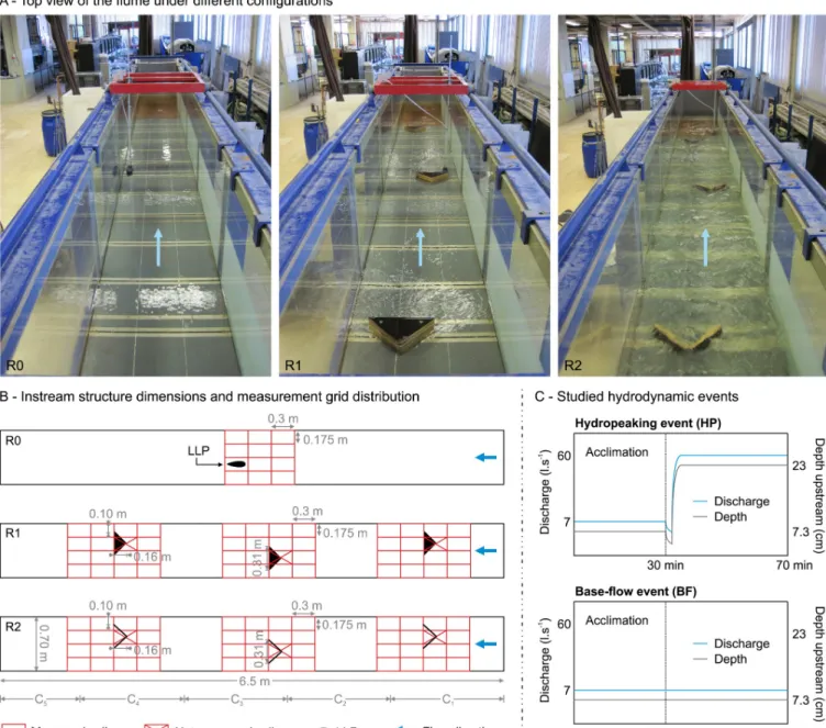 Fig 1. Summary of the experimental setup. A) Top view of the flume and test configurations (R0, R1 and R2)