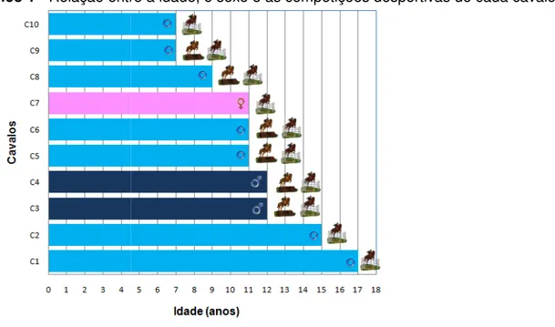 Gráfico 1 - Relação entre a idade, o sexo e as competições desportivas de cada cavalo