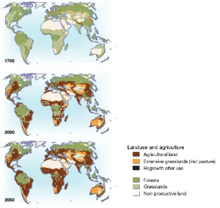 Figure 1.2.1- Land converted to agriculture from 1700 to 2000 and projection of this variation till 2050 (Nelleman et al