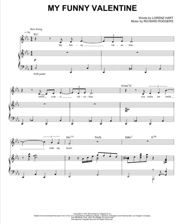 Fig. 2. Trecho da partitura para voz e piano de My Funny Valentine, de Lorenz Hart e Richard Rodgers, em dó  menor, na versão gravada por Chet Baker em estúdio (1954)