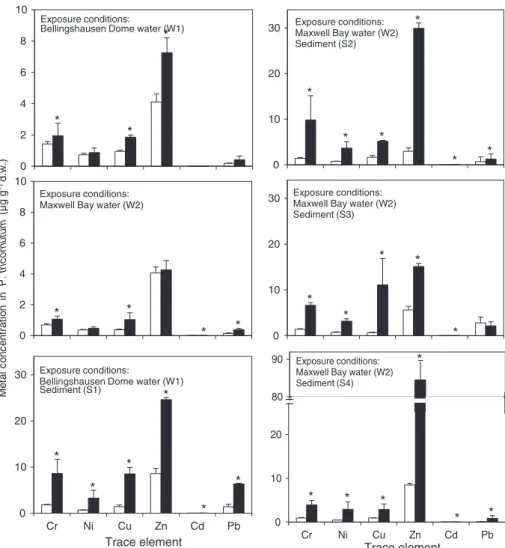 Fig. 5. Mean and standard deviation values (n = 3) of trace element (Cr, Ni, Cu, Zn, Cd, Pb) concentrations (μg g −1 d.w.) in control (white bars) and exposed (black bars) Phaeodactylum tricornutum cells, incubated in water  col-lected at the Bellingshause