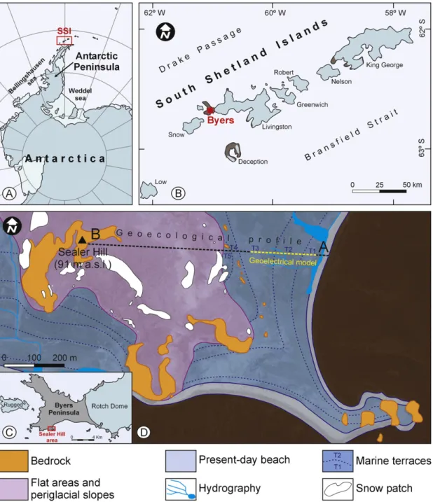 Fig. 1. Location of the SSI within Antarctica (A), Byers Peninsula within the SSI (B), Sealer Hill within Byers Peninsula, and (D) geomorphological sketch of Sealer Hill area.