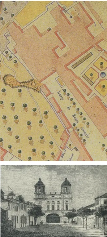 Fig. 33 e 34 – Pormenor da carta de Filipe Folque de  1835 (em cima) e alçado da fachada da igreja, ainda  com as duas torres sineiras (litografia publicada no  Archivo Pittoresco