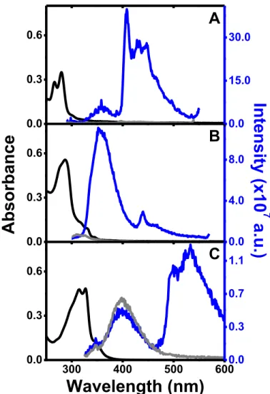Figure 1. Absorption (black line), emission in the presence of oxygen (gray line) and in  deaerated solutions (blue line) of (A) pD 1.710 -5  M,  exc  = 280 nm; (B) tD 2.510 -5  M, 