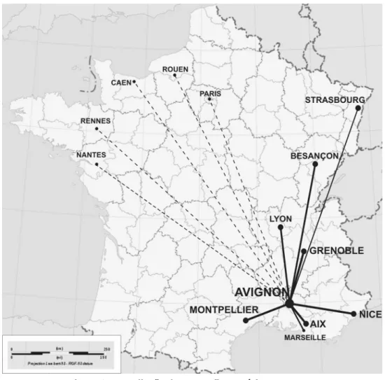 Figura 2 – Irradiação de geografia teorética na França Organização nossa; fonte do mapa de fundo: www.cartesfrance.fr