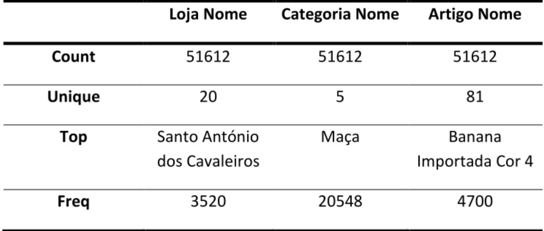 Table 3.5: Summary of the analysis of the non-numerical variables  Loja Nome 