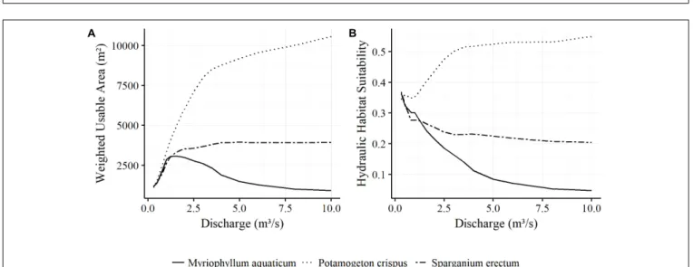 FIGURE 4 | Weighted Usable Area (A) and Hydraulic Habitat Suitability (B) of the main species found in the study area as a function of discharge.