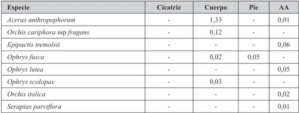Tabla 3. Orquídeas y su cobertura relativa (%) por sector interno y área adyacente.