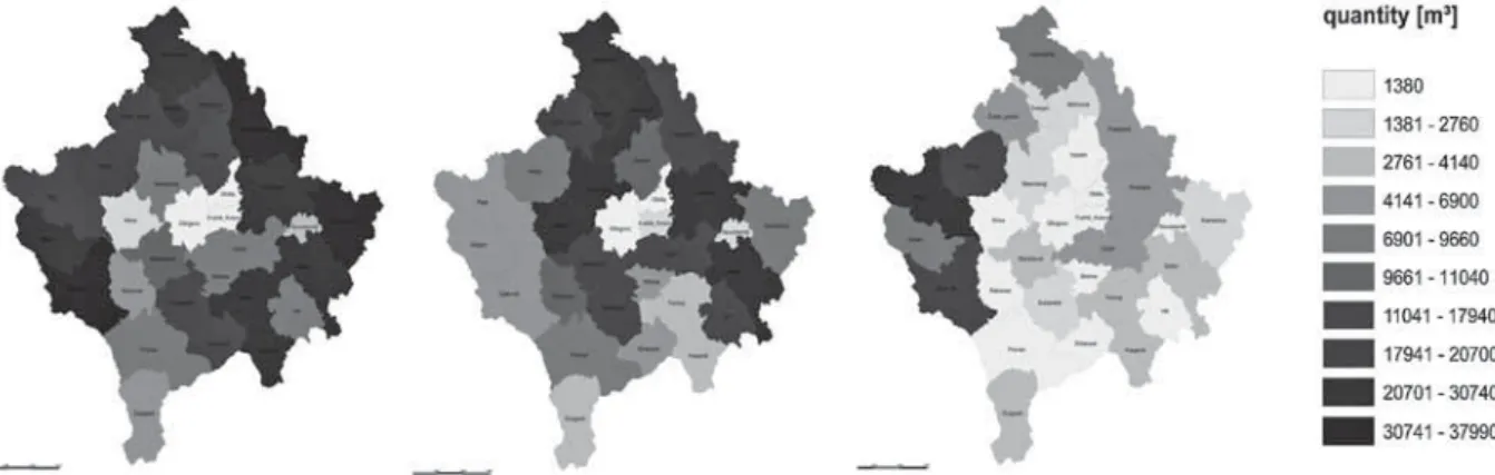 Figure 1 Allocation of beech (left), oak (middle) and softwood (right) in Kosovo (light green – low quantity, dark green –  high quantity)