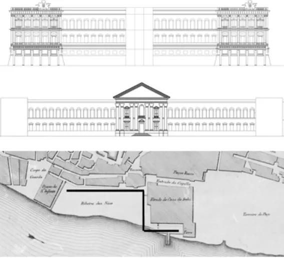 Fig. 1 – Ricostruzione e localizzazione del  progetto di Filippo Juvarra per il Terreiro  do Paço