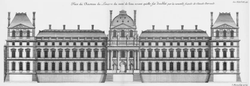 Fig. 2 – Luis Le Vau, Facciata meridionale del  Louvre, Architecture françoise, Tome 4, Livre 6,  Pl