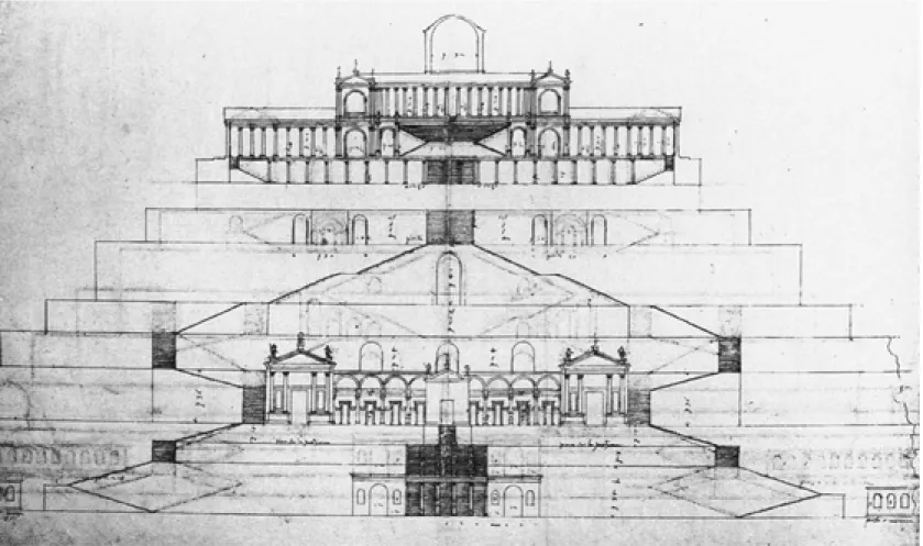 Fig. 5 – Andrea Palladio, Alzato del Tempio della  Fortuna Primigenia a Palestrina. Royal Institute  of British Architects, London, Inv