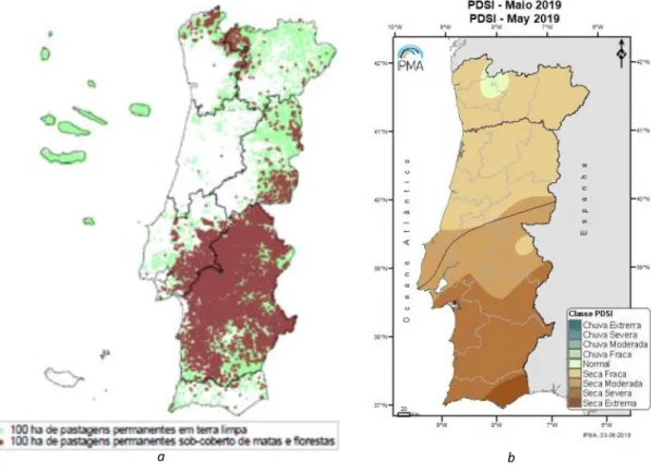 Figura 2.18 – Distribuição espacial das pastagens permanentes em Portugal (Figura 16a) (INE,2009) e  Índice PDSI (Figura 16b) (IPMA, acedido a 1 de Agosto de 2019)