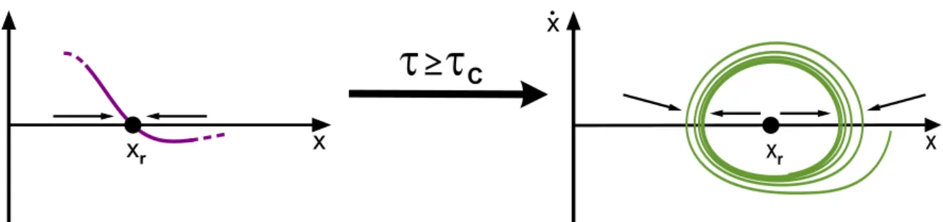 Figure 4.1: The coexistence point, x r , of the delayed replicator equation bifurcates into a stable periodic orbit around x r — Hopf bifurcation, above a certain critical time delay, τ c .