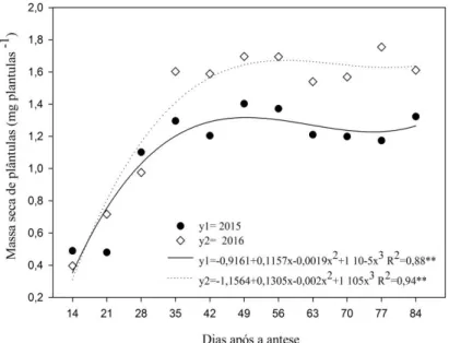 Figura 8. Massa seca de plântulas de sementes de quinoa colhidas em diferentes dias após a  antese, nos anos de 2015 e 2016