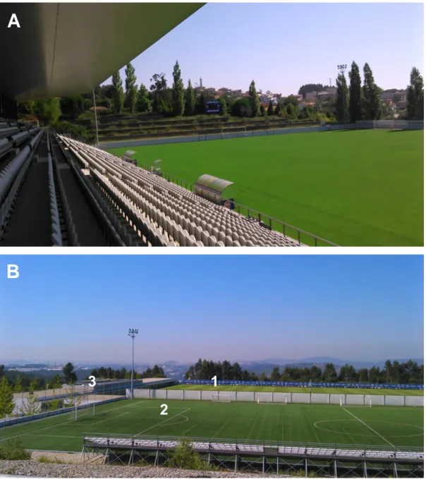 Fig. 4 – Instalações desportivas da academia do FC Porto. (A) Campo de relva natural com  bancada  para  3500  pessoas