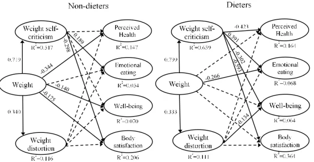 Figure 1. Standardized regression coefficient estimates for the structural model in both  groups