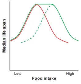 Figure 8: Effect of Calorie Restriction Mimetic (CRM) on median lifespan. Interventions that activate the same  longevity assurance targets as CR will increase lifespan compared to controls at ad libitum food levels, but this  effect will diminish as food 