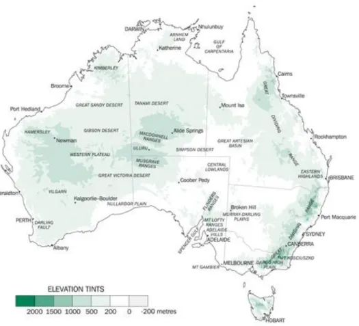 Figure  6  –  Australian  map,  showing  the  different  elevation  landscape  (adapted  from  The  Australian Bureau of Statistics, http://www.abs.gov.au) 