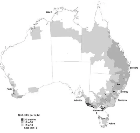 Figure  9  –  Beef  cattle  distribution  in  Australian  territory  in  2001  (adapted  from  The  Australian Bureau of Statistics, http://www.abs.gov.au) 